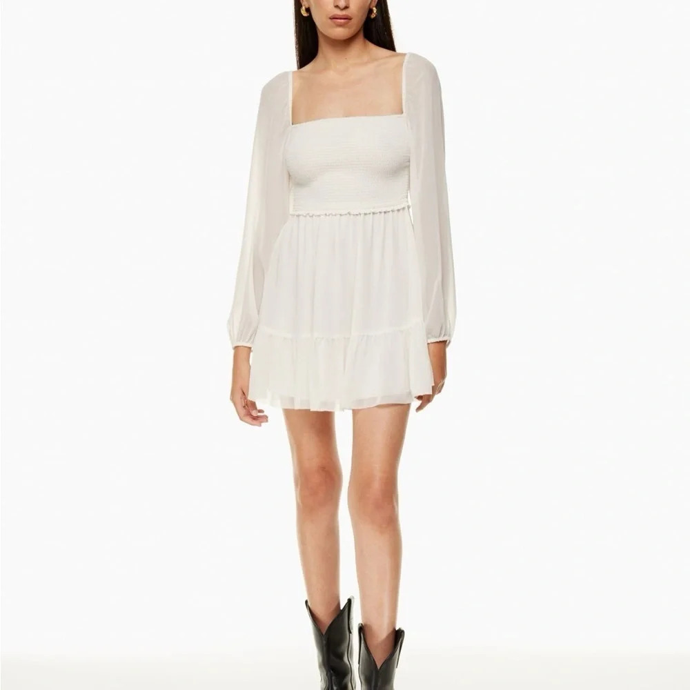 Wilfred Aritzia Tempest Mini Smocked Sheer White Long Sleeve Dress Chiffon